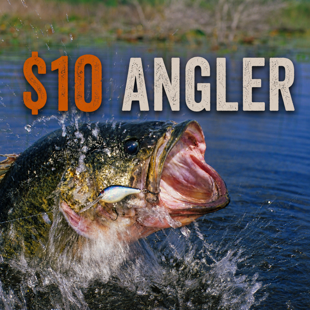 Large mouth bass with a lure in its mouth, splashing water, with '$10 Angler' text overlay.