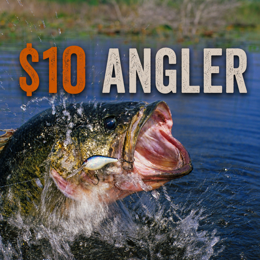 Large mouth bass with a lure in its mouth, splashing water, with '$10 Angler' text overlay.