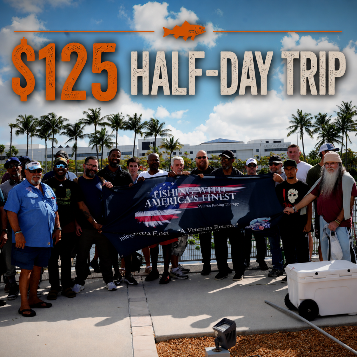Group of people holding a fishing trip banner with text about a $125 half-day trip.