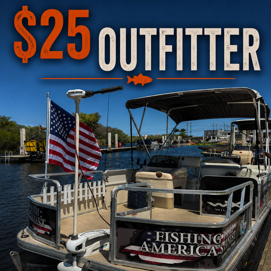 Fishing boat with American flag on a dock, featuring 'Outfitter' text and '$25' price tag.