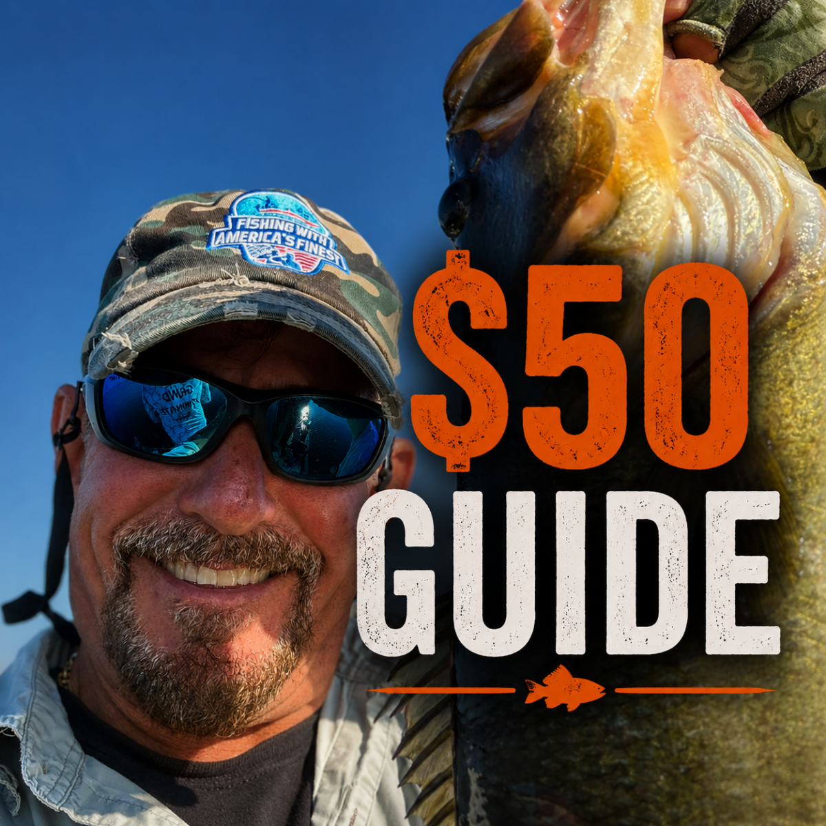 Man holding a large fish with text overlay '$50 Guide' on a blue sky background