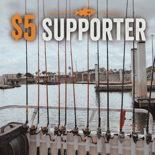 Fishing rods on a rack with water and dock in the background, labeled '$5 Supporter'.