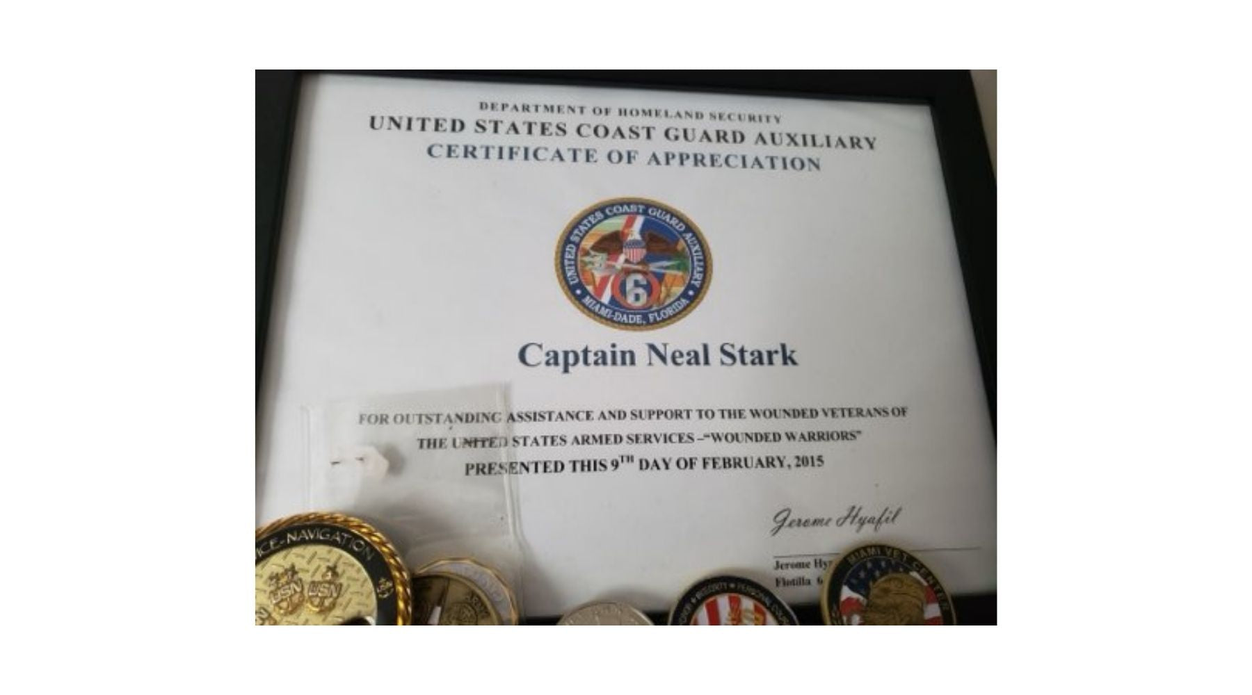 United States Coast Guard Auxiliary Certificate of Appreciation for Captain Neal Stark
