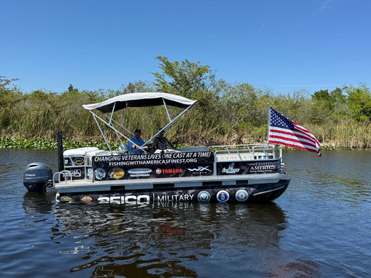 Boat on water with American flag and Seiko Military branding