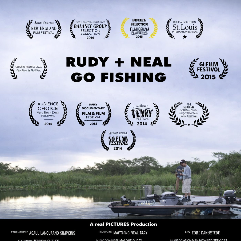 Promotional poster for 'Rudy + Neal Go Fishing' with fishing scene and festival laurels.